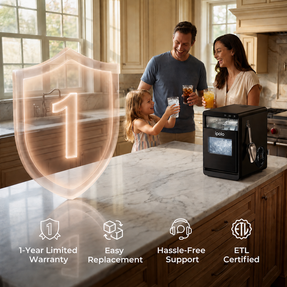 ipolo Nugget Ice Maker Countertop: 44lb/Day, Self-Cleaning, Black Stainless Steel, Portable, Soft Chewable Pebble Ice Machine for Home Kitchen, RV & Office
