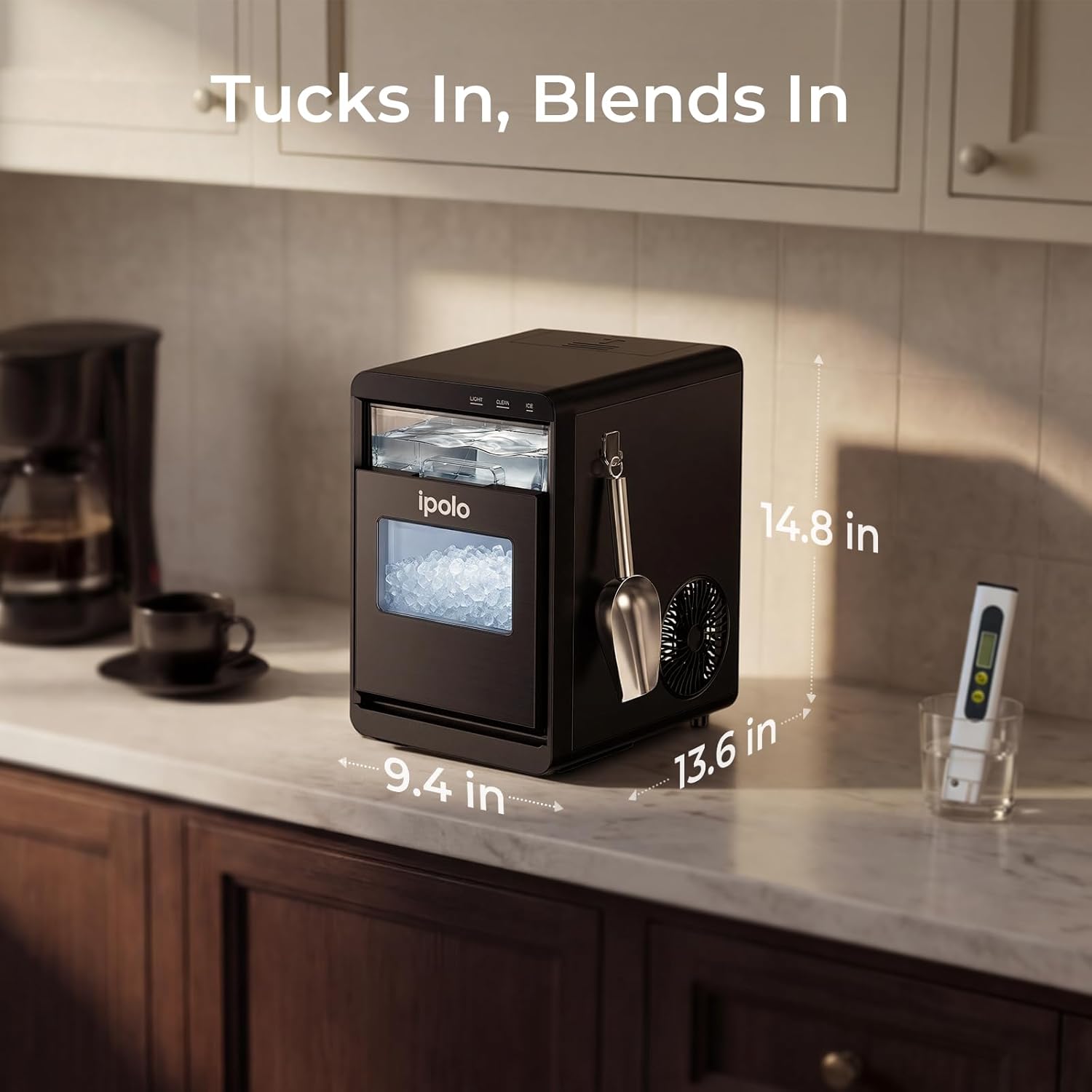 ipolo Nugget Ice Maker Countertop: 44lb/Day, Self-Cleaning, Black Stainless Steel, Portable, Soft Chewable Pebble Ice Machine for Home Kitchen, RV & Office