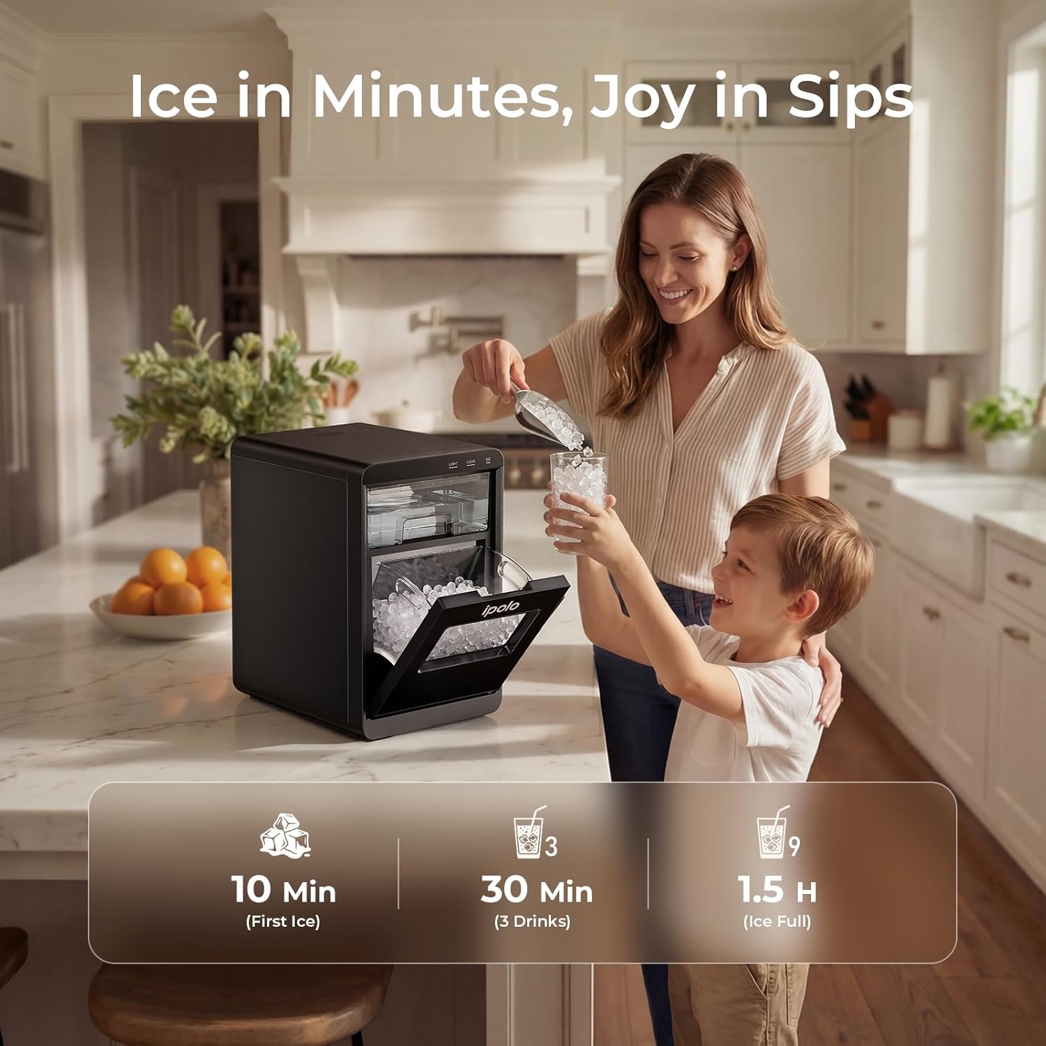 ipolo Nugget Ice Maker Countertop: 44lb/Day, Self-Cleaning, Black Stainless Steel, Portable, Soft Chewable Pebble Ice Machine for Home Kitchen, RV & Office