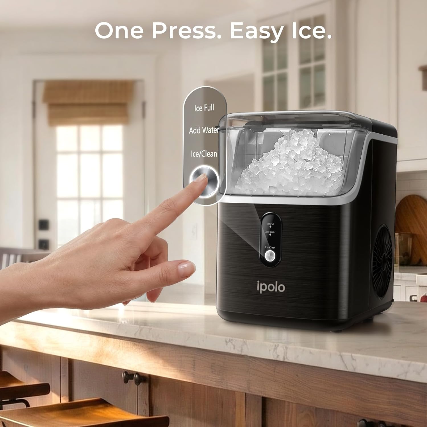 ipolo Nugget Ice Maker Countertop: 33lb/Day, Self-Cleaning, Black Stainless Steel, Portable, Soft Chewable Pebble Ice Machine for Home Kitchen, RV & Office