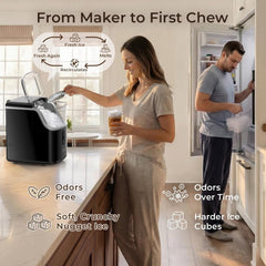 ipolo Nugget Ice Maker Countertop: 33lb/Day, Self-Cleaning, Black Stainless Steel, Portable, Soft Chewable Pebble Ice Machine for Home Kitchen, RV & Office