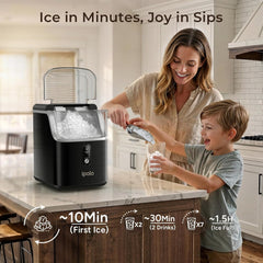 ipolo Nugget Ice Maker Countertop: 33lb/Day, Self-Cleaning, Black Stainless Steel, Portable, Soft Chewable Pebble Ice Machine for Home Kitchen, RV & Office