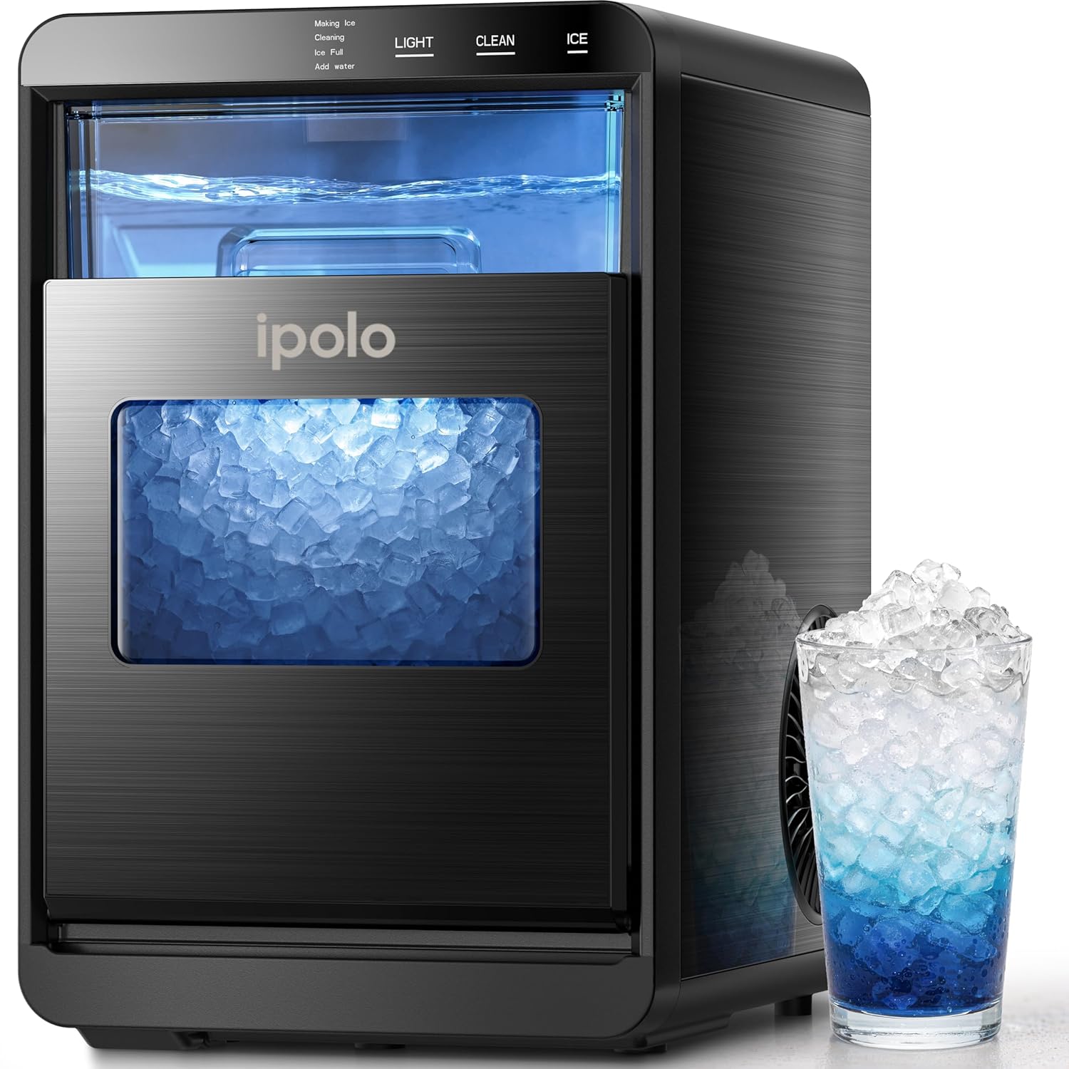ipolo Nugget Ice Maker Countertop: 44lb/Day, Self-Cleaning, Black Stainless Steel, Portable, Soft Chewable Pebble Ice Machine for Home Kitchen, RV & Office